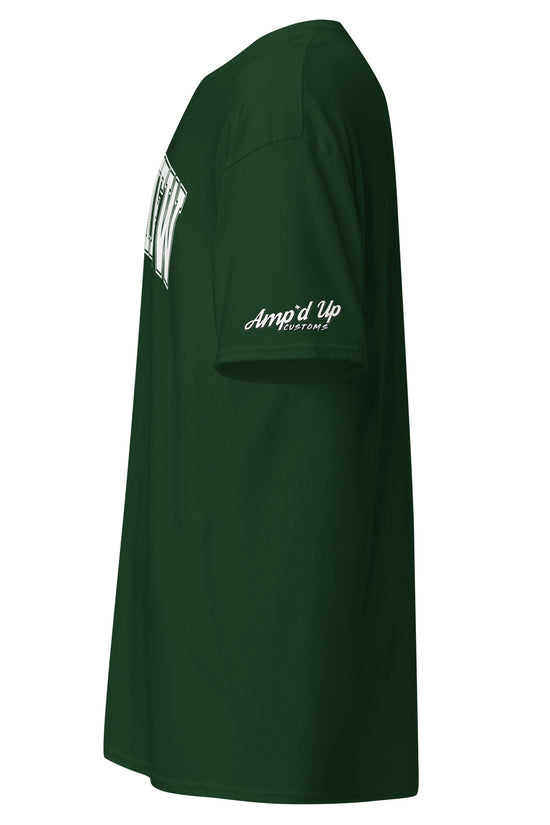 Dark green Longview Texas T-Shirt by Amp'd Up Custom shown from side with logo on sleeve