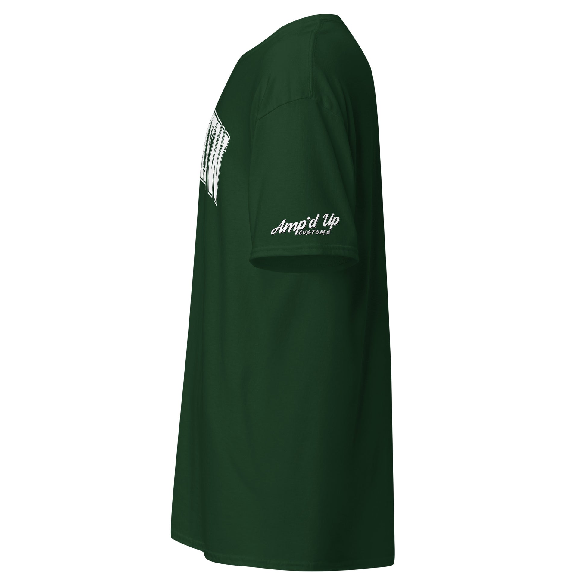 Dark green Longview Texas T-Shirt by Amp'd Up Custom shown from side with logo on sleeve