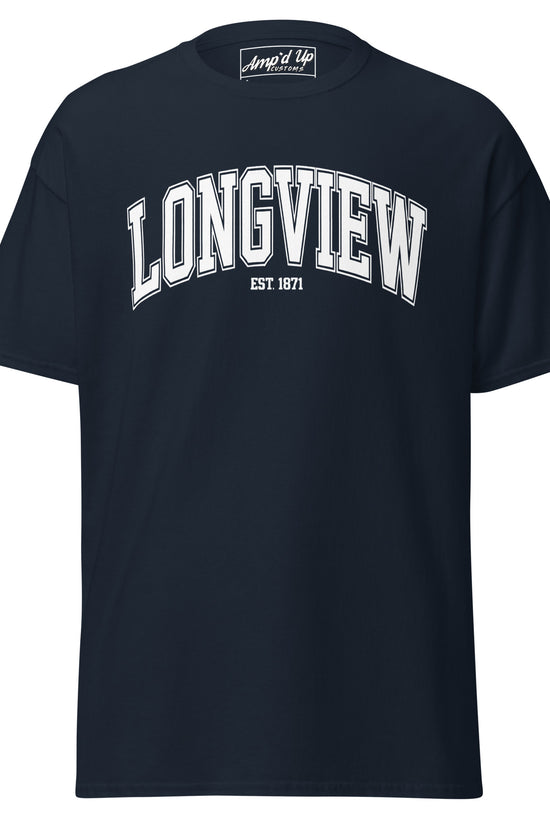 Amp'd Up Custom navy blue Longview Texas T-Shirt with white collegiate style lettering