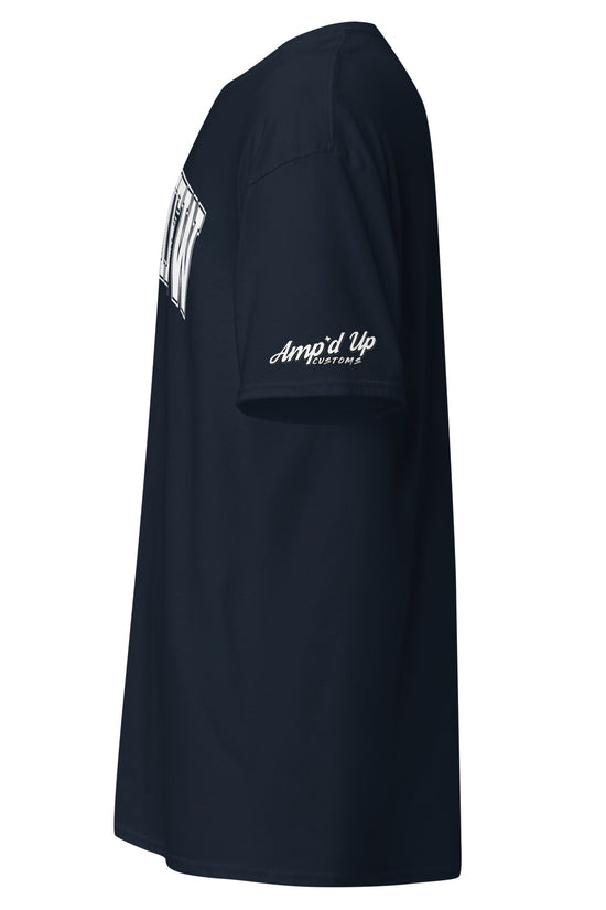 Side view of navy blue Longview Texas T-Shirt by Amp'd Up Custom with logo on sleeve