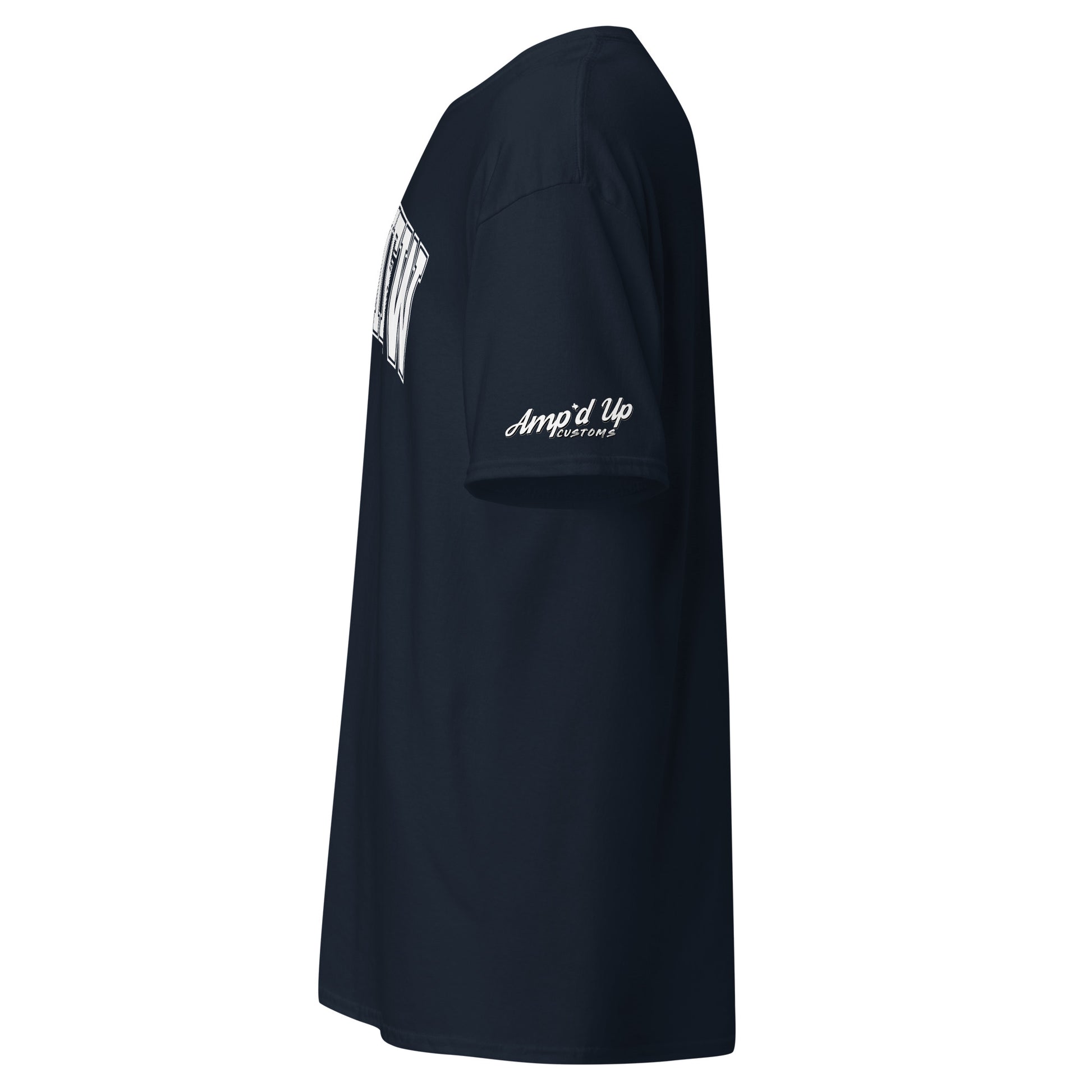 Side view of navy blue Longview Texas T-Shirt by Amp'd Up Custom with logo on sleeve