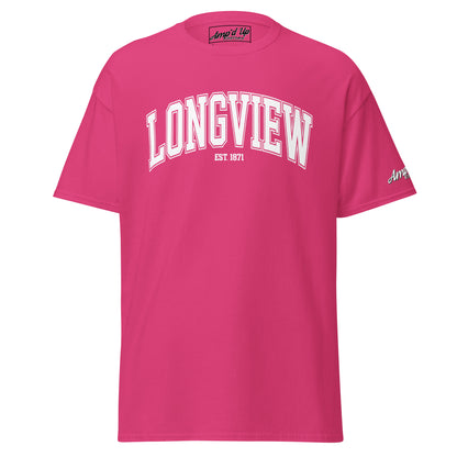 Pink Longview Texas T-Shirt by Amp'd Up Custom with white bold lettering and classic fit