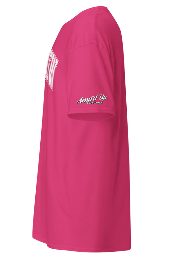 Amp'd Up Custom bright pink Longview Texas T-Shirt showing side view with logo on sleeve