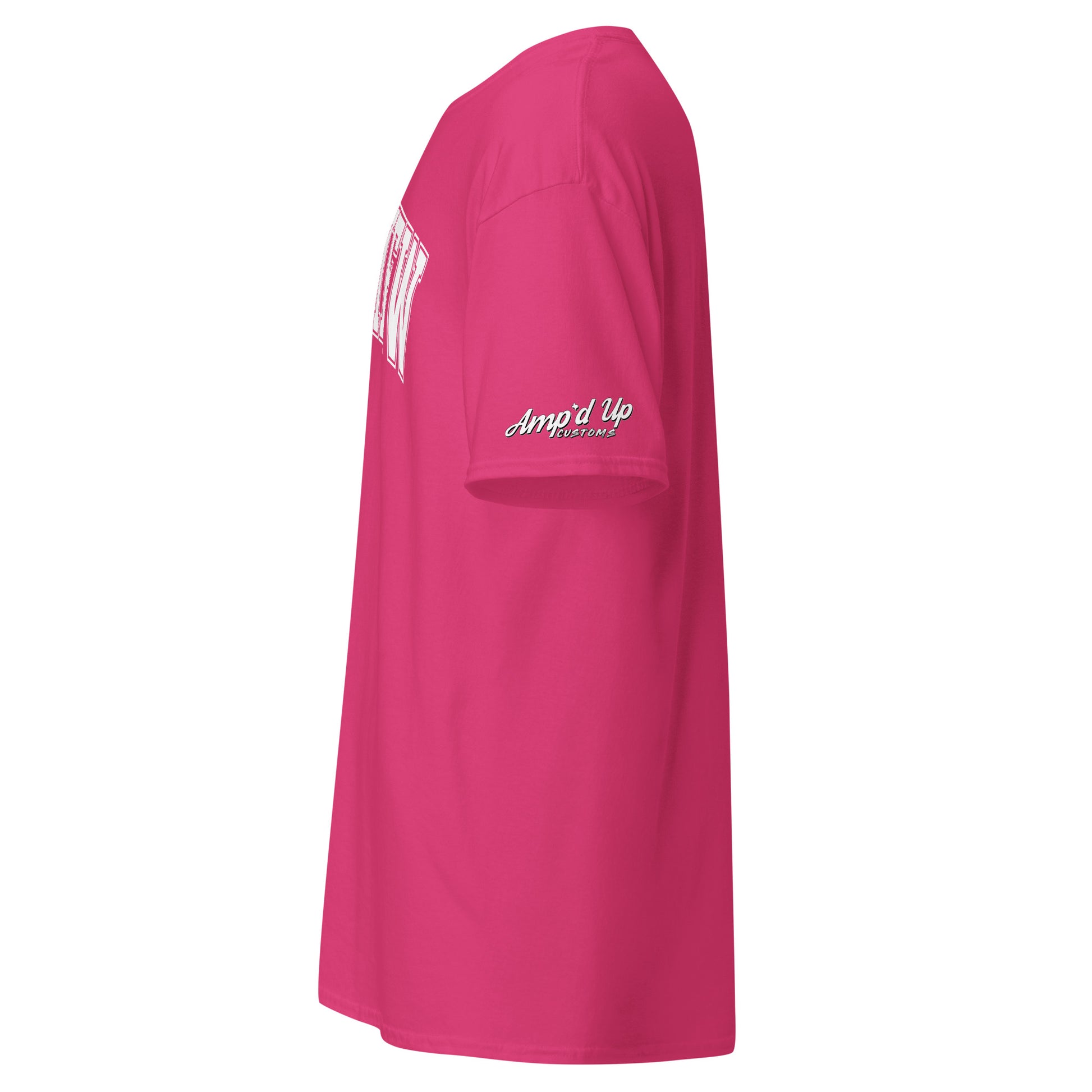 Amp'd Up Custom bright pink Longview Texas T-Shirt showing side view with logo on sleeve