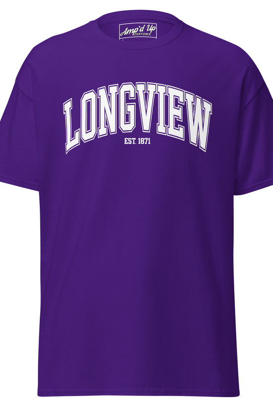 Purple Longview Texas T-Shirt by Amp'd Up Custom with white collegiate text design