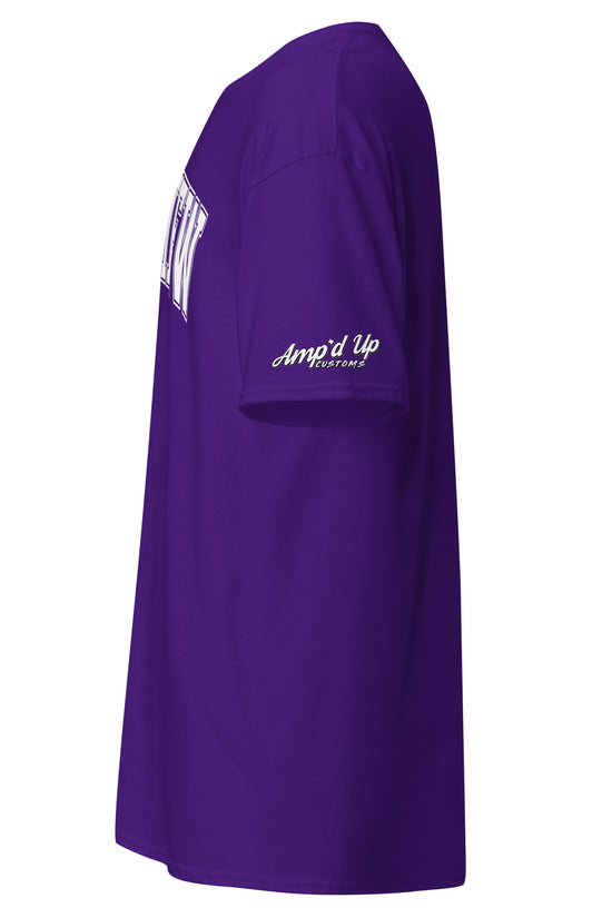 Purple Longview Texas T-Shirt by Amp'd Up Custom showing side view with logo on sleeve