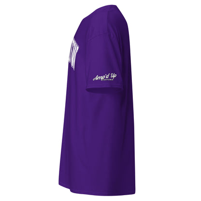 Purple Longview Texas T-Shirt by Amp'd Up Custom showing side view with logo on sleeve