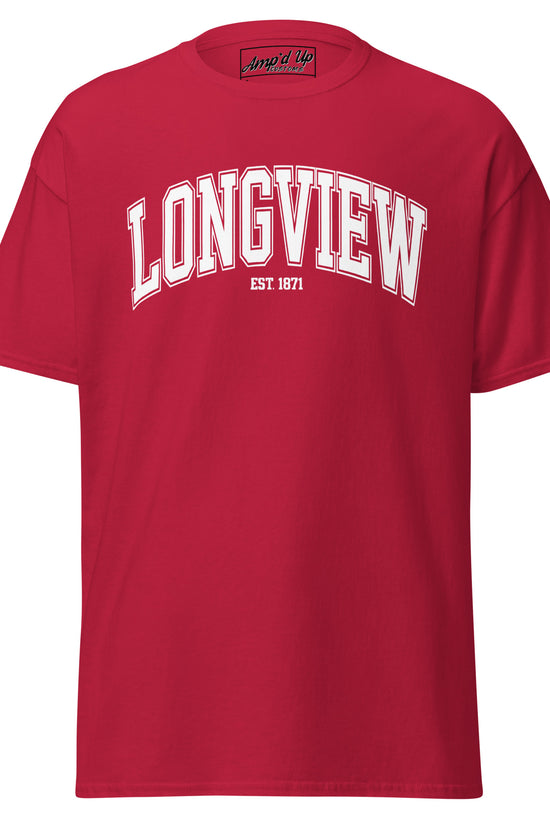 Red Longview Texas T-Shirt with white printed Longview text and Amp'd Up Custom branding on sleeve