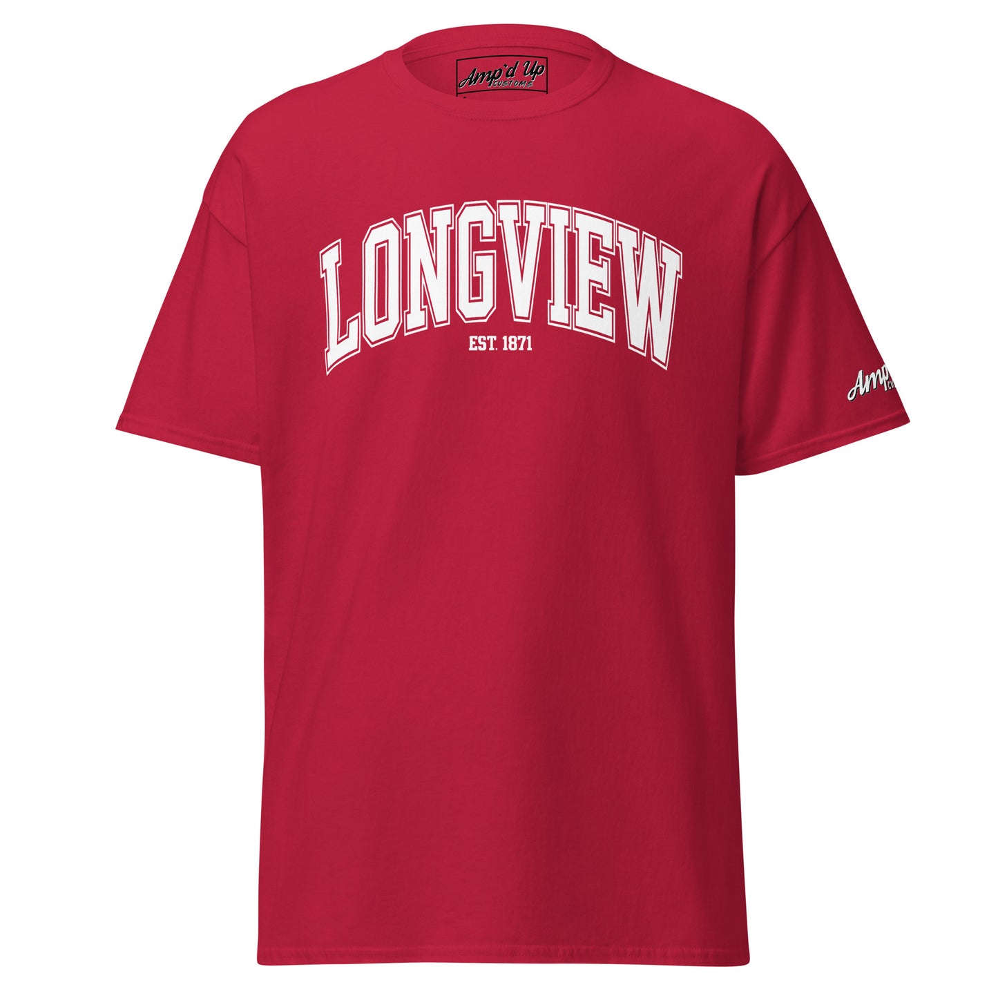 Red Longview Texas T-Shirt with white printed Longview text and Amp'd Up Custom branding on sleeve