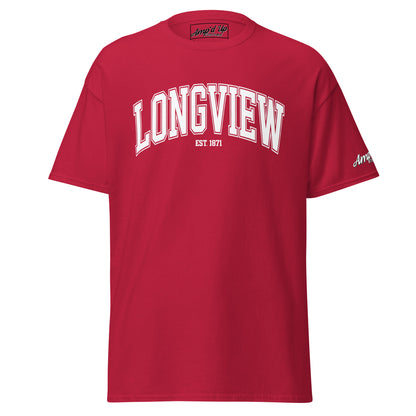 Red Longview Texas T-Shirt with white printed Longview text and Amp'd Up Custom branding on sleeve