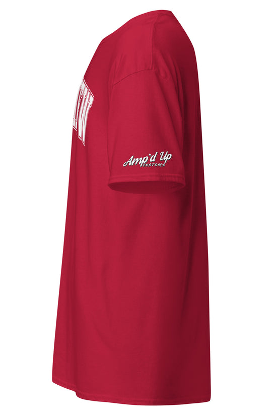 Red Amp'd Up Custom Longview Texas T-Shirt side view with white sleeve logo