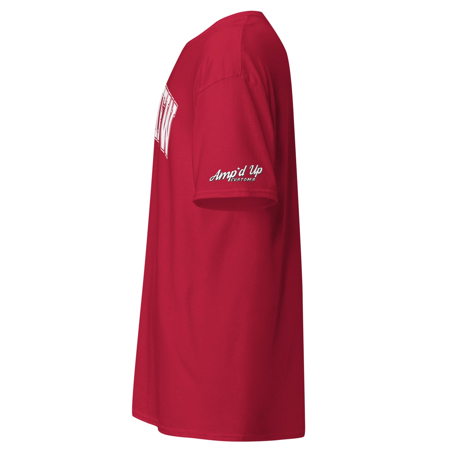 Red Amp'd Up Custom Longview Texas T-Shirt side view with white sleeve logo