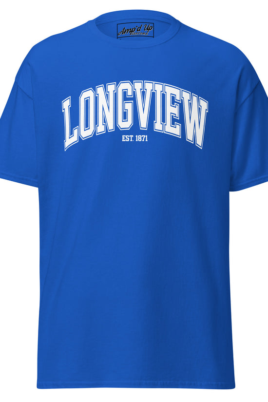 Amp'd Up Custom blue Longview Texas T-Shirt with white lettering and established 1871 design
