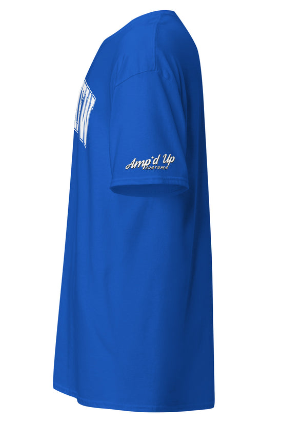 Blue Longview Texas T-Shirt by Amp'd Up Custom with logo on sleeve and comfortable fit