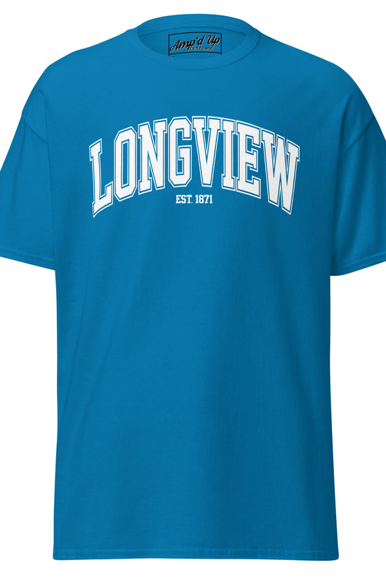 Amp'd Up Custom Longview Texas T-Shirt in blue with white Longview text and established 1871 design