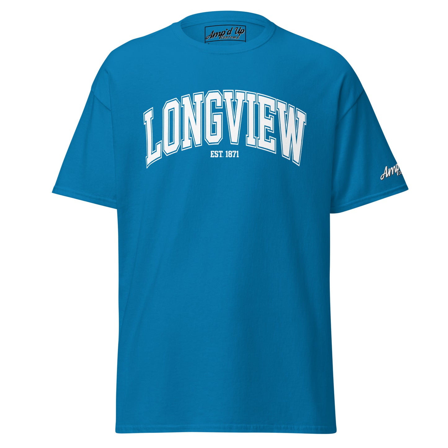 Amp'd Up Custom Longview Texas T-Shirt in blue with white Longview text and established 1871 design