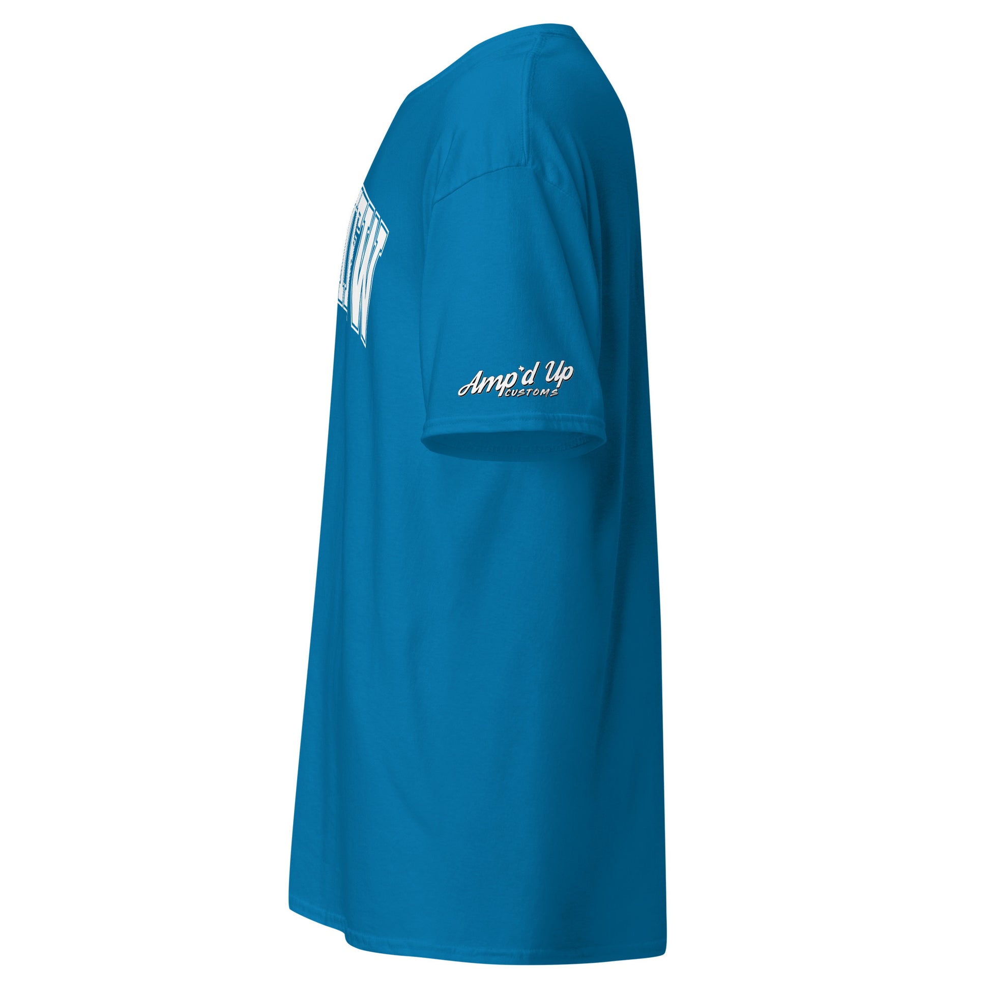 Blue Longview Texas T-Shirt by Amp'd Up Custom with logo on sleeve and side view