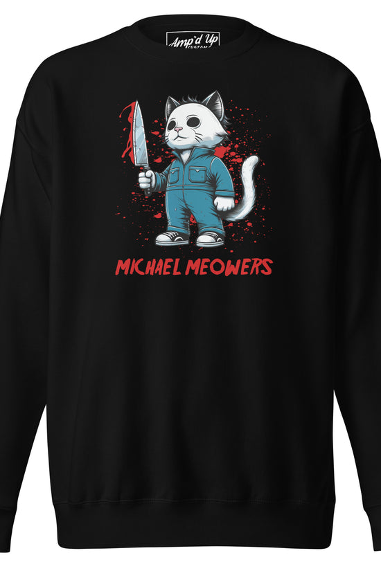 Black Amp'd Up Custom Michael Meowers Sweatshirt with cat holding bloody knife graphic