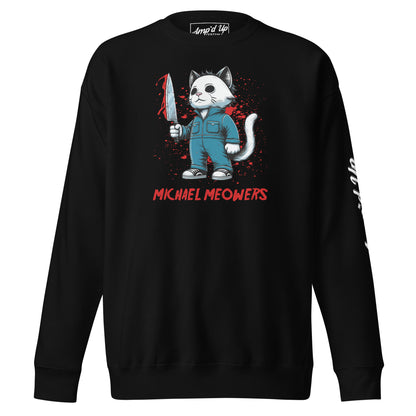 Black Amp'd Up Custom Michael Meowers Sweatshirt with cat holding bloody knife graphic