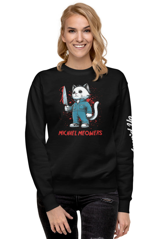 Black Michael Meowers Sweatshirt by Amp'd Up Custom featuring cartoon cat with knife graphic