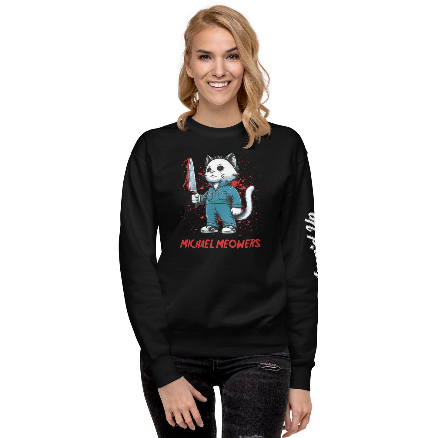 Black Michael Meowers Sweatshirt by Amp'd Up Custom featuring cartoon cat with knife graphic
