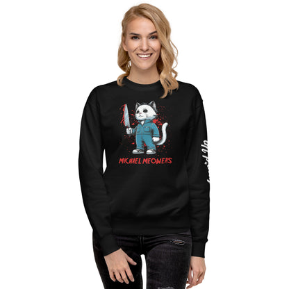 Black Michael Meowers Sweatshirt by Amp'd Up Custom featuring cartoon cat with knife graphic