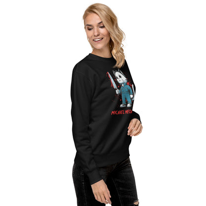 Woman wearing black Michael Meowers Sweatshirt by Amp'd Up Custom with cartoon character holding a knife
