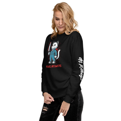 Woman wearing black Michael Meowers Sweatshirt by Amp'd Up Custom with cat graphic and text on sleeve