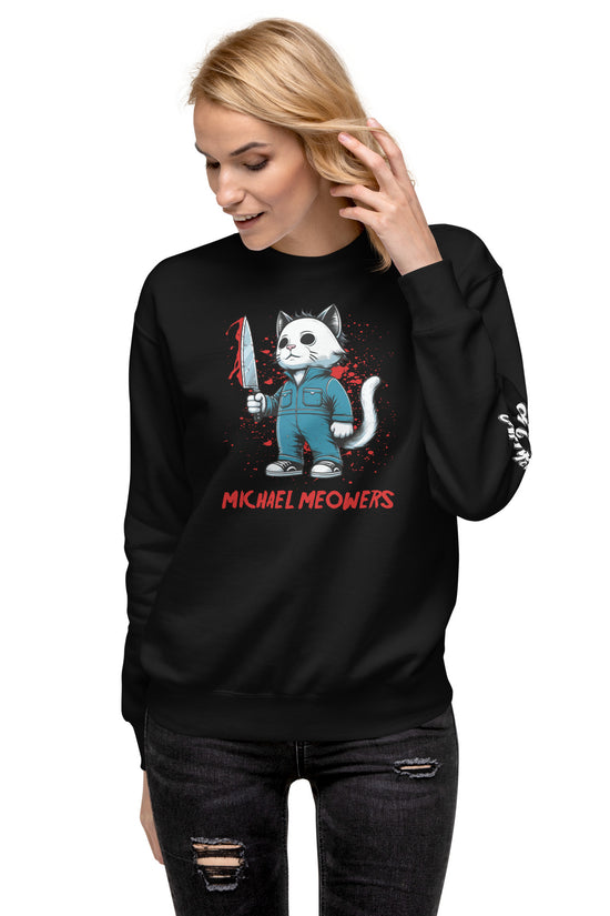 Black Michael Meowers Sweatshirt by Amp'd Up Custom with cartoon cat holding a bloody knife graphic