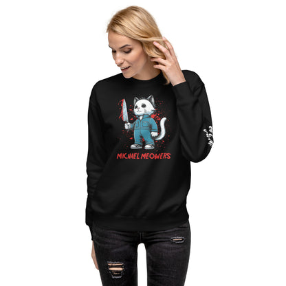 Black Michael Meowers Sweatshirt by Amp'd Up Custom with cartoon cat holding a bloody knife graphic
