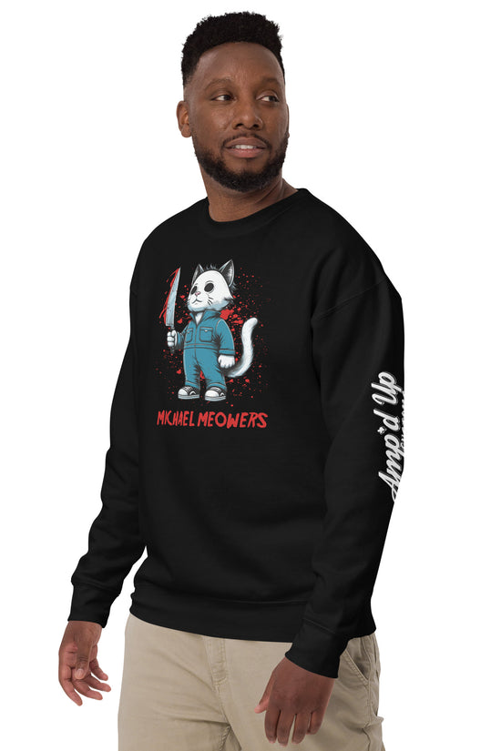 Michael Meowers Sweatshirt by Amp'd Up Custom featuring a cartoon cat with a knife graphic on black fabric