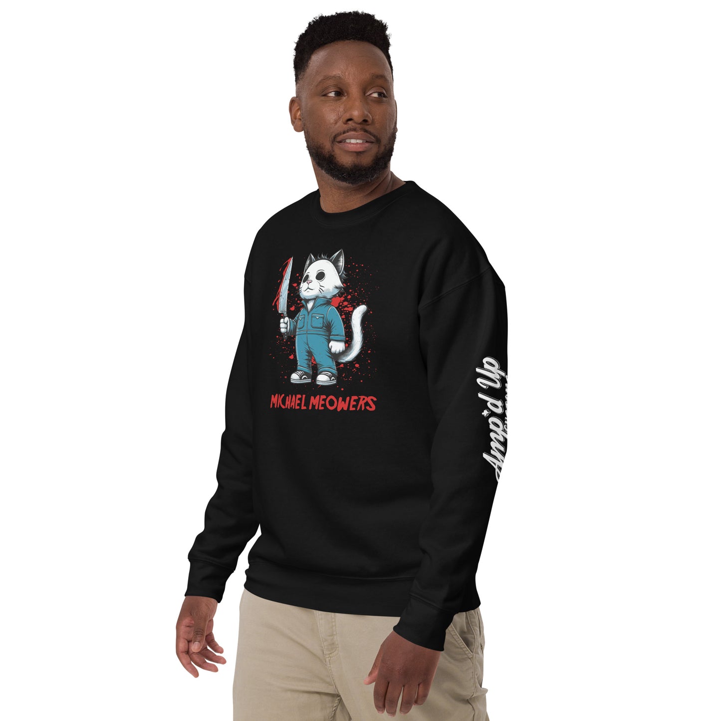 Michael Meowers Sweatshirt by Amp'd Up Custom featuring a cartoon cat with a knife graphic on black fabric