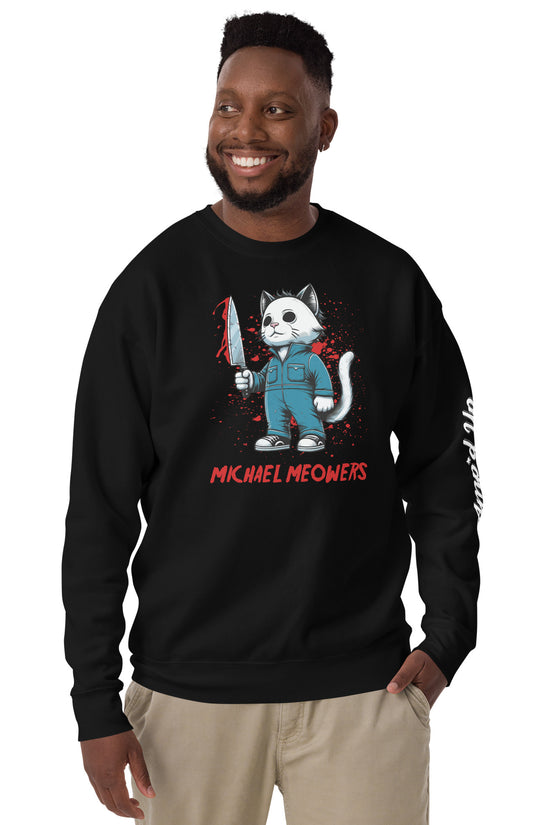 Black Michael Meowers Sweatshirt by Amp'd Up Custom featuring a cartoon cat holding a knife