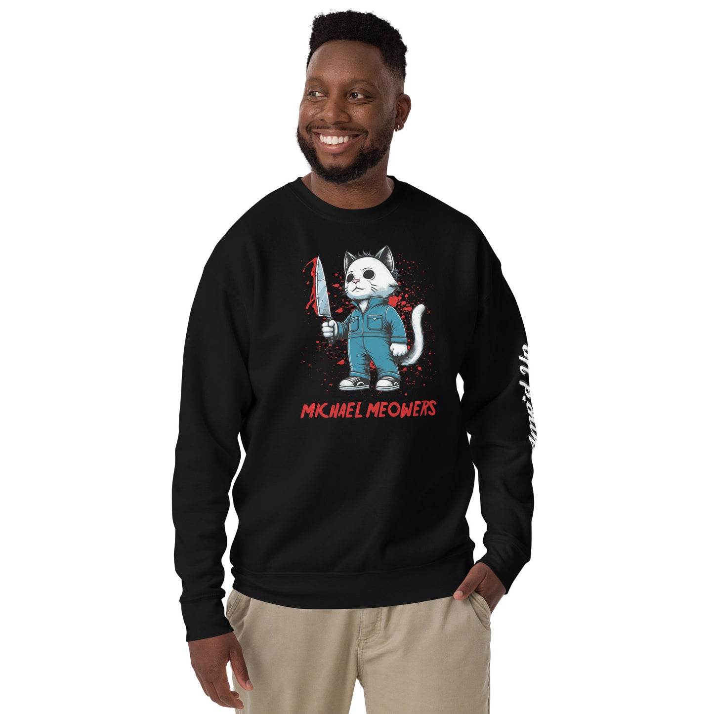 Black Michael Meowers Sweatshirt by Amp'd Up Custom featuring a cartoon cat holding a knife