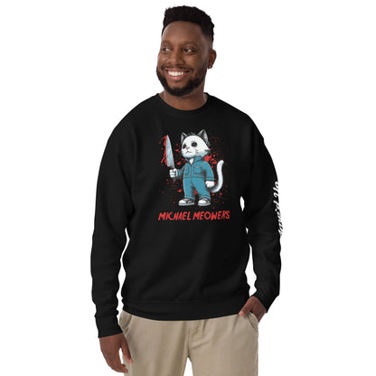Black Michael Meowers Sweatshirt by Amp'd Up Custom featuring a cartoon cat holding a knife