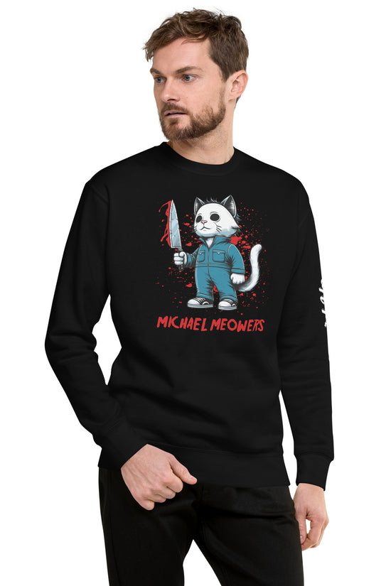 Michael Meowers Sweatshirt by Amp'd Up Custom featuring a cat holding a bloodied knife graphic