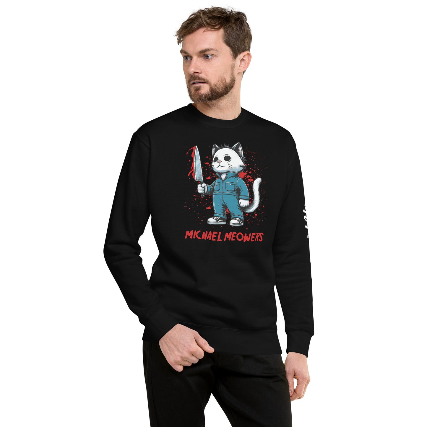 Michael Meowers Sweatshirt by Amp'd Up Custom featuring a cat holding a bloodied knife graphic