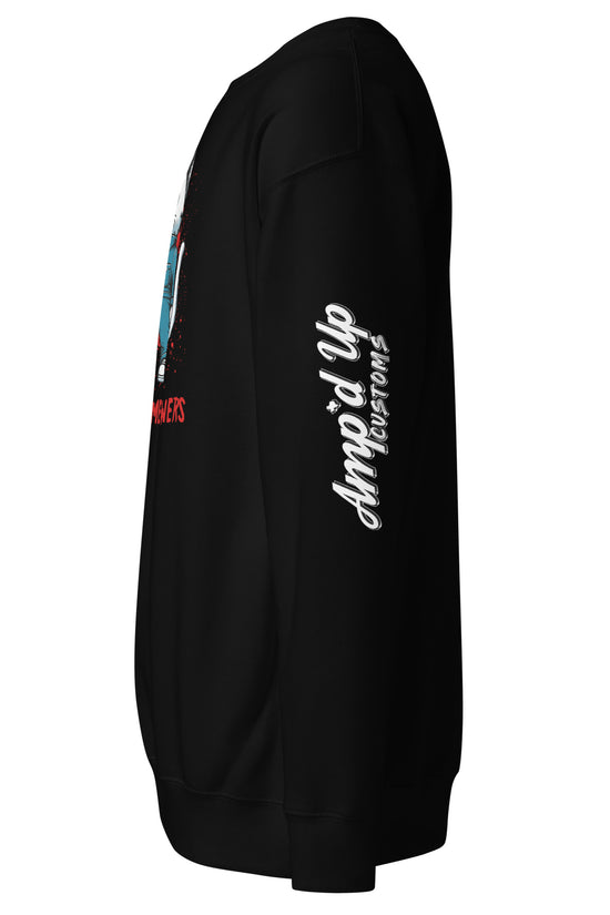 Black Michael Meowers Sweatshirt by Amp'd Up Custom with logo text on sleeve and side view