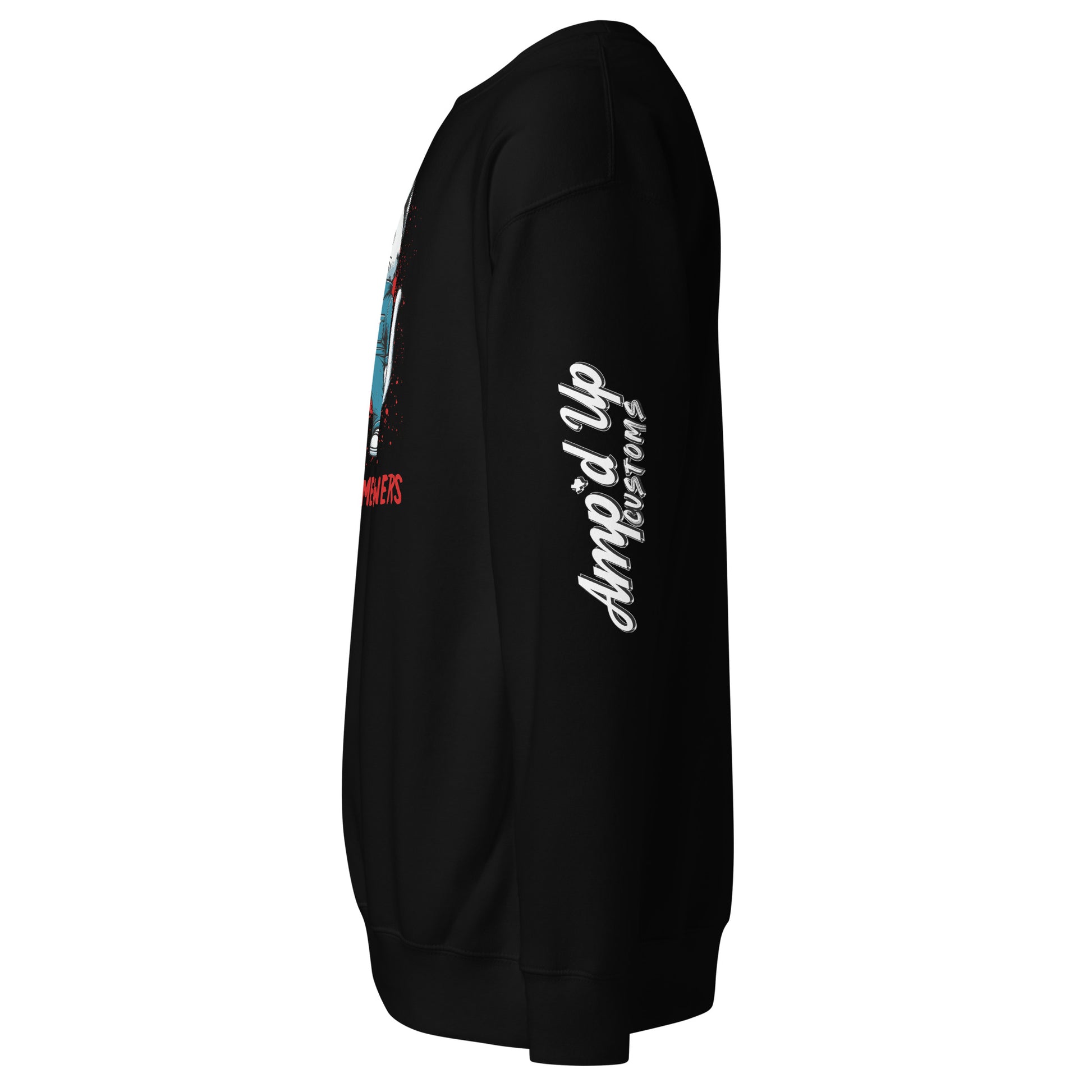 Black Michael Meowers Sweatshirt by Amp'd Up Custom with logo text on sleeve and side view