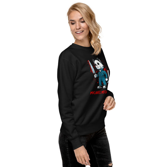 Woman wearing black Michael Meowers Sweatshirt with graphic character and text design from Amp'd Up Custom