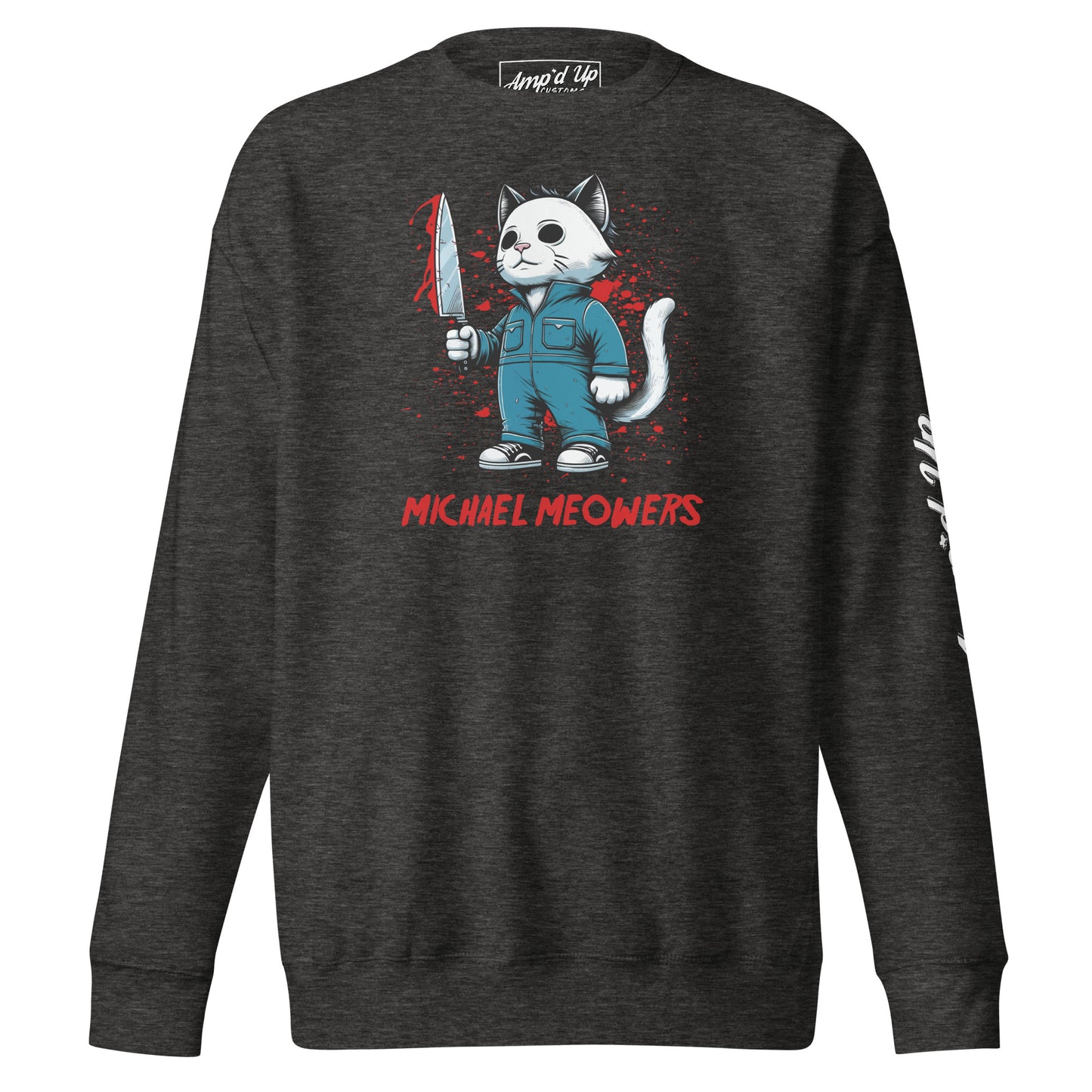 Michael Meowers Sweatshirt by Amp'd Up Custom featuring cat character in blue jumpsuit holding knife graphic