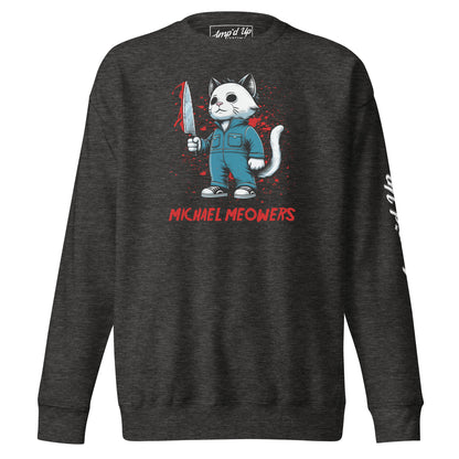 Michael Meowers Sweatshirt by Amp'd Up Custom featuring cat character in blue jumpsuit holding knife graphic