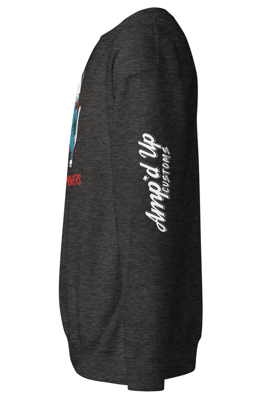 Side view of black Michael Meowers Sweatshirt by Amp'd Up Custom with logo printed on sleeve