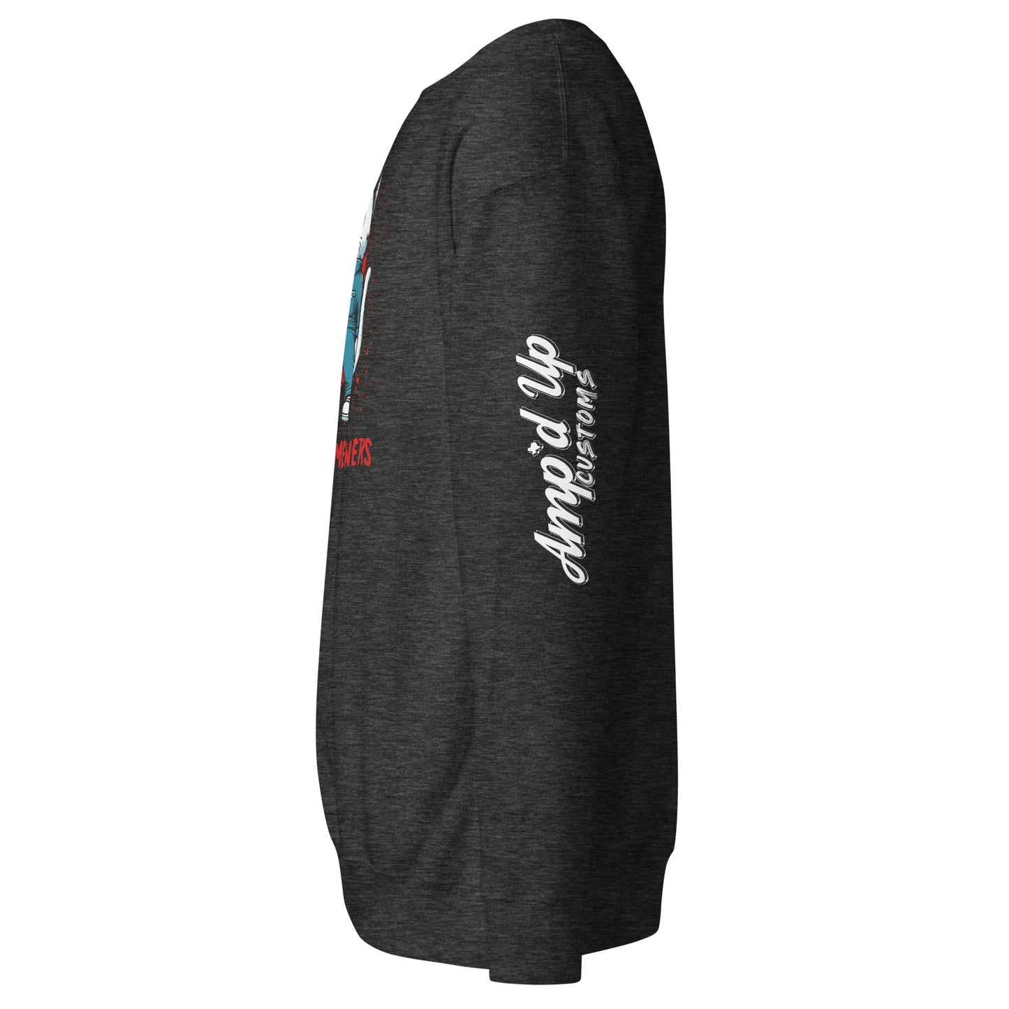 Side view of black Michael Meowers Sweatshirt by Amp'd Up Custom with logo printed on sleeve