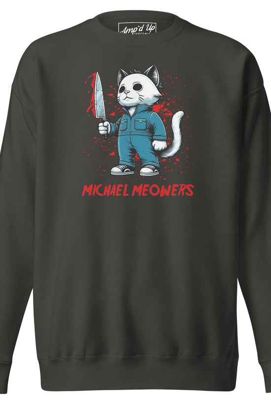 Michael Meowers Sweatshirt by Amp'd Up Custom featuring a cat character in a jumpsuit holding a bloodied knife