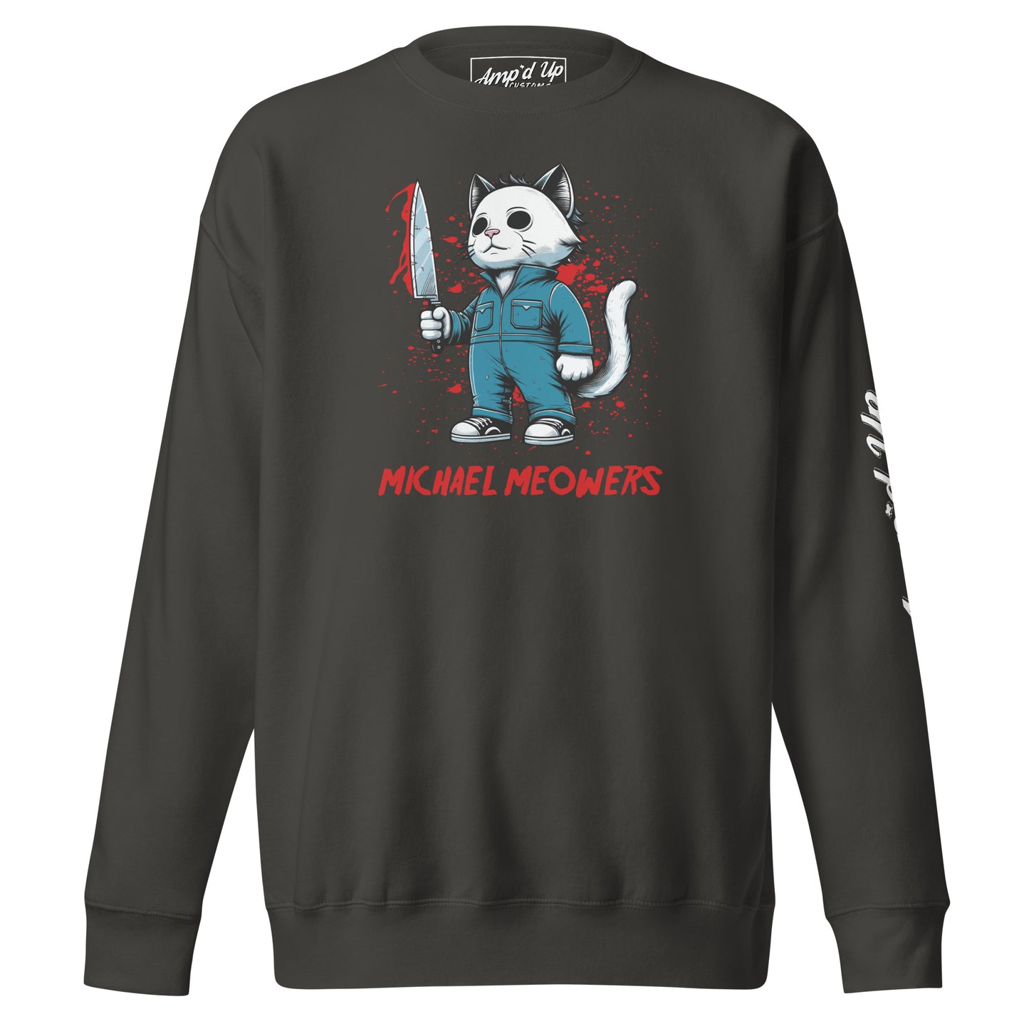 Michael Meowers Sweatshirt by Amp'd Up Custom featuring a cat character in a jumpsuit holding a bloodied knife