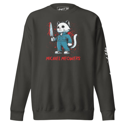 Michael Meowers Sweatshirt by Amp'd Up Custom featuring a cat character in a jumpsuit holding a bloodied knife