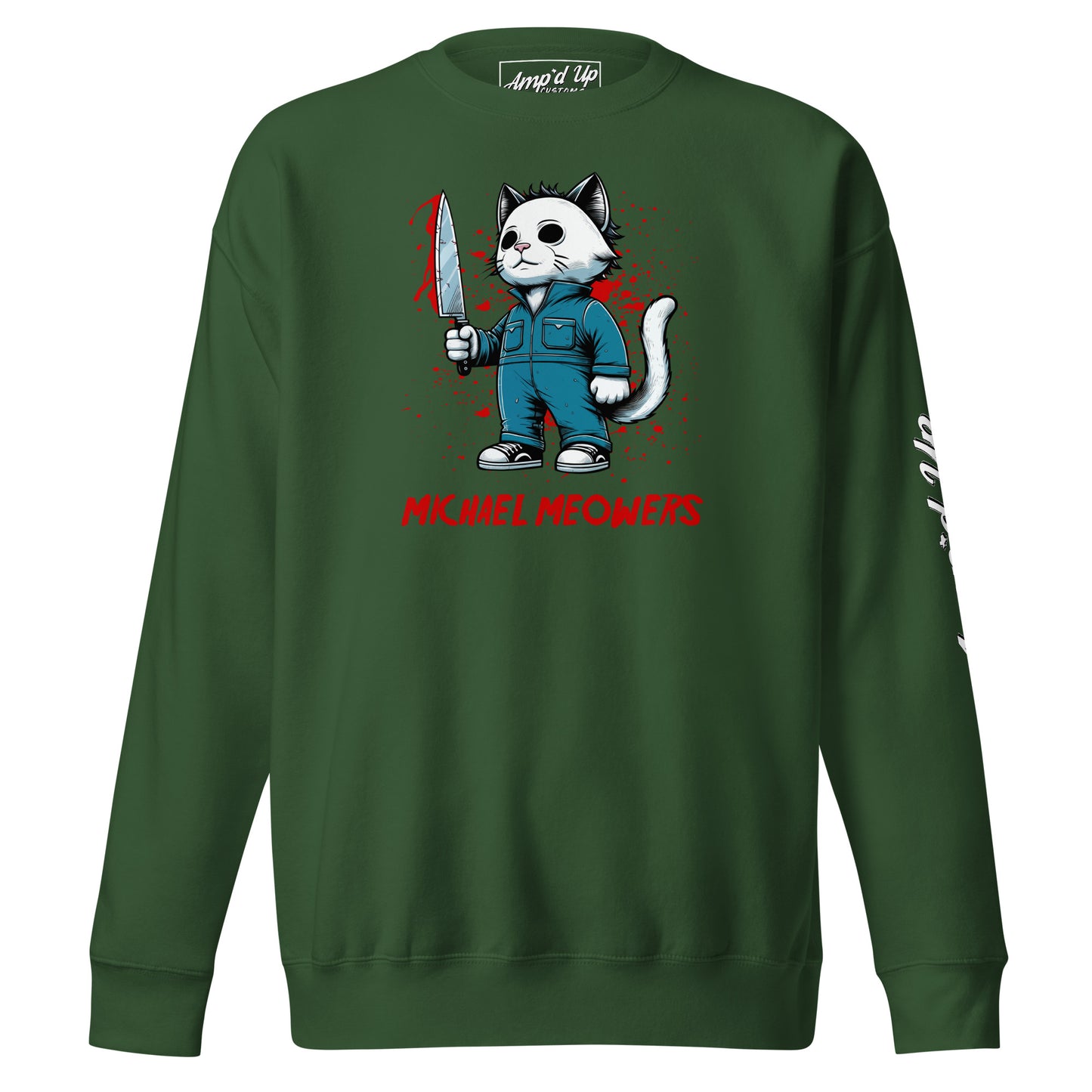 Green Michael Meowers Sweatshirt by Amp'd Up Custom with cat character holding a bloody knife graphic