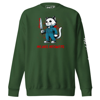 Green Michael Meowers Sweatshirt by Amp'd Up Custom with cat character holding a bloody knife graphic