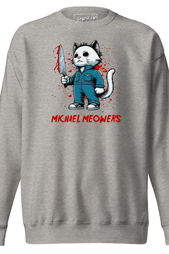 Gray Michael Meowers Sweatshirt by Amp'd Up Custom featuring a cat in a blue jumpsuit holding a bloody knife graphic